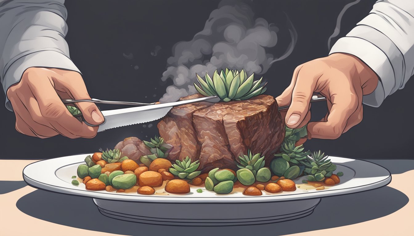 A person holding a knife and fork, cutting into a succulent piece of mutton on a plate, with steam rising from the meat