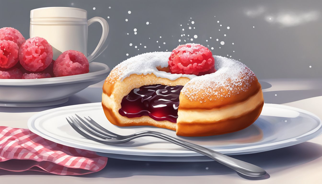 A jelly donut sits on a plate, oozing with vibrant red filling. A sprinkle of powdered sugar dusts the top, and a fork rests beside it