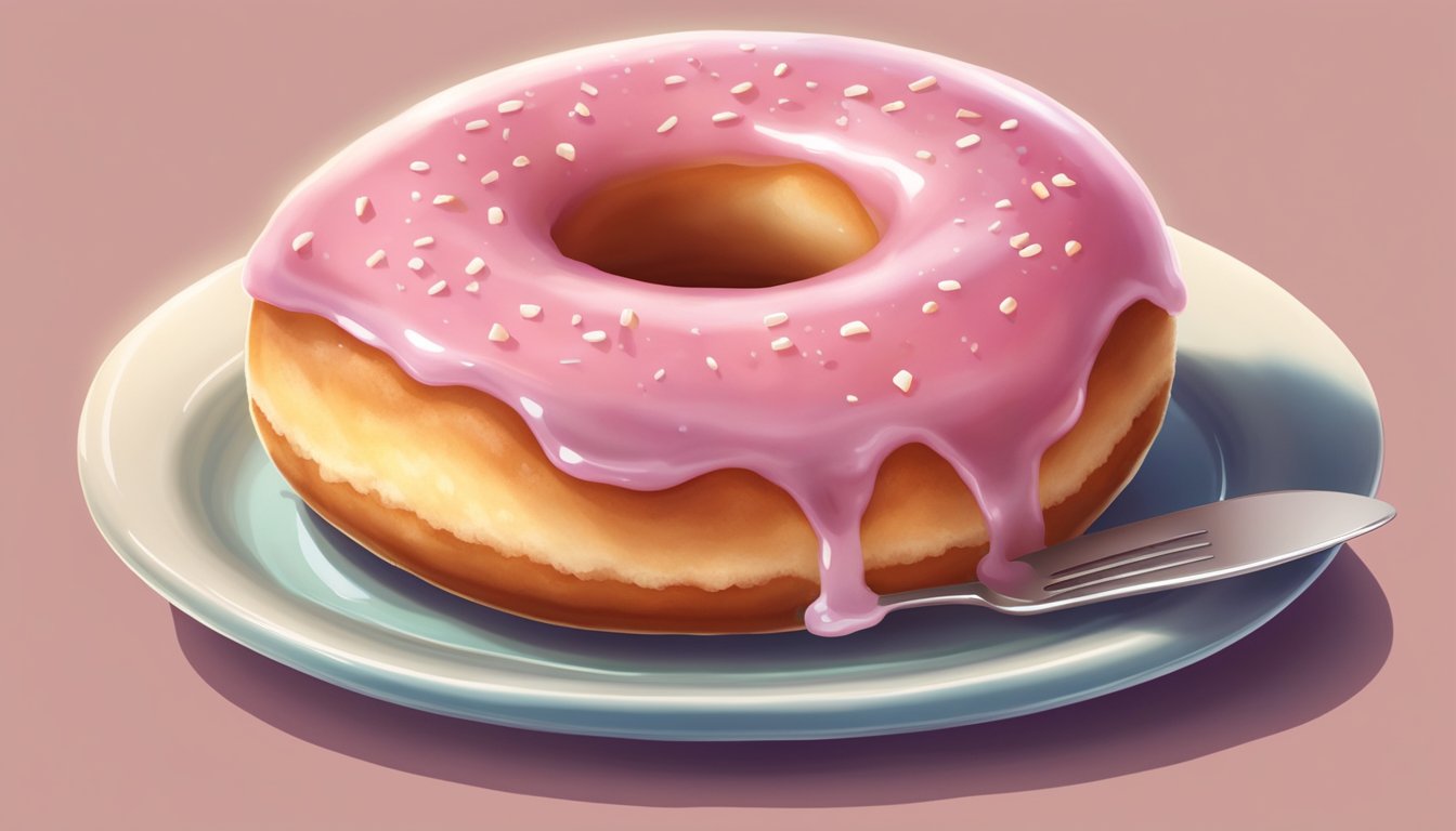 A jelly donut sits on a plate, its sugary glaze glistening under the light. A small fork hovers nearby, ready to slice into the sweet treat