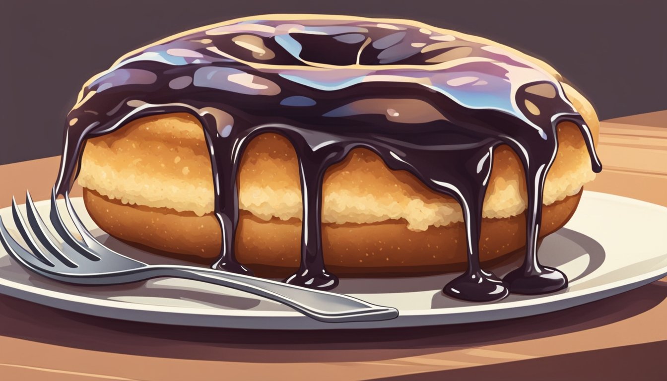 A jelly donut sits on a plate, oozing with sugary filling. A fork hovers above, ready to slice into the sweet treat