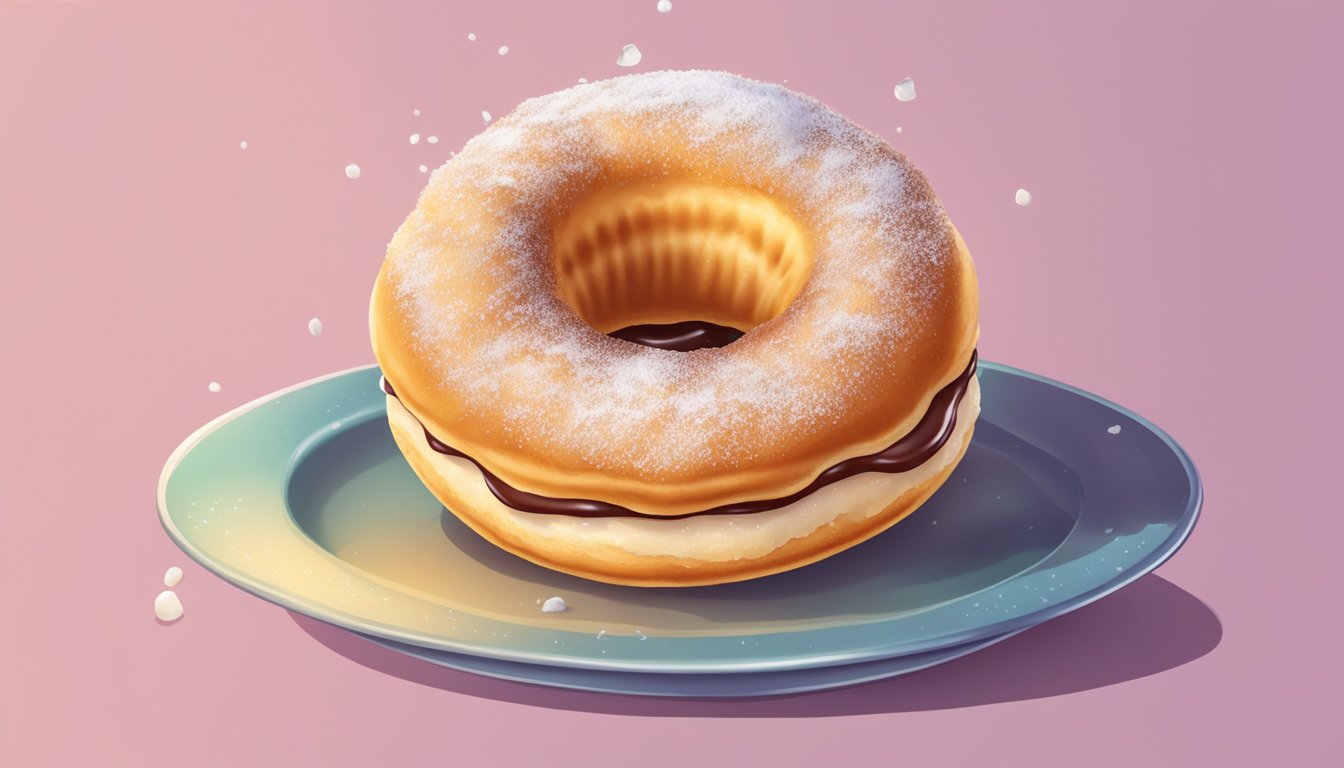 A jelly donut being gently bitten into, with the sweet filling oozing out and the powdered sugar dusting the lips