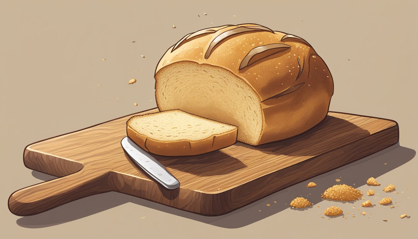 A kaiser roll sits on a wooden cutting board, surrounded by scattered crumbs. A butter knife is poised to slice through the golden-brown crust