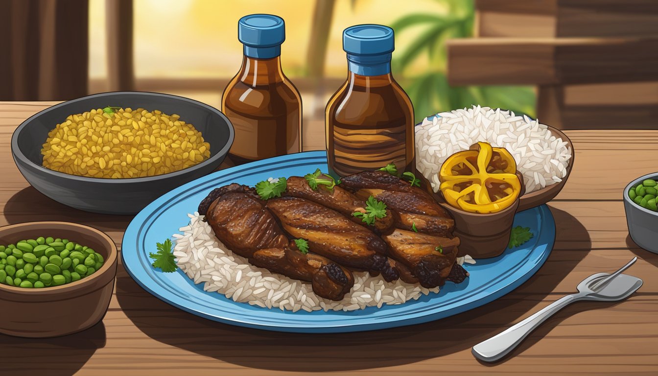 A wooden table with a plate of jerk chicken, accompanied by rice and peas, plantains, and a bottle of hot pepper sauce