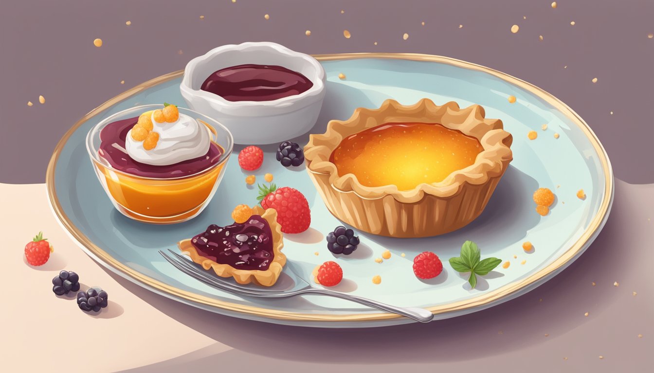 A jam tart on a delicate porcelain plate, surrounded by a scattering of crumbs. A dollop of jam glistens in the center, inviting a bite