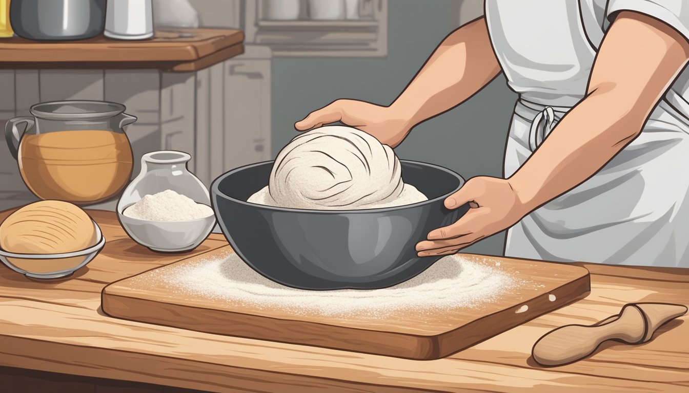 A kaiser roll sits on a wooden cutting board, surrounded by flour and a metal mixing bowl. A pair of hands is kneading the dough, preparing it to be baked