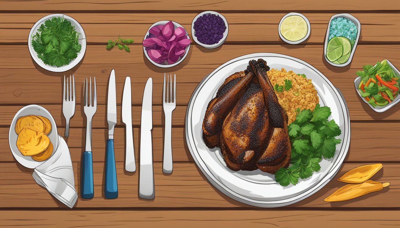 A plate of jerk chicken sits on a wooden table, surrounded by colorful side dishes and garnished with fresh herbs. A fork and knife are placed next to the plate