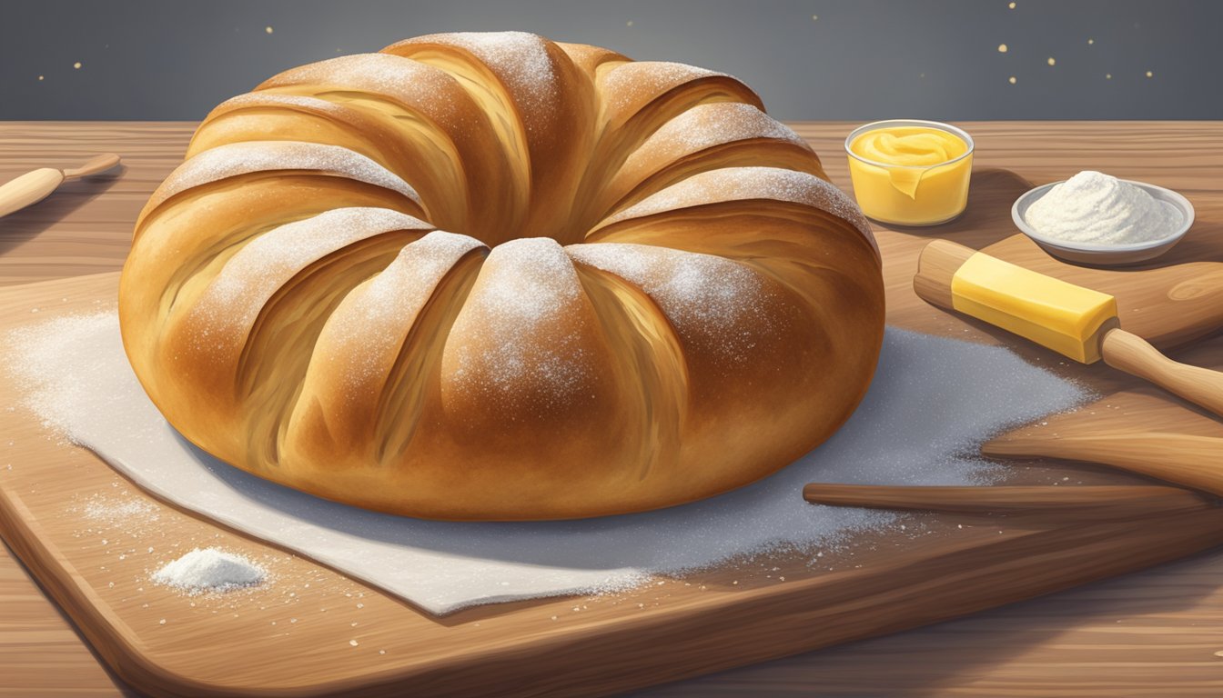 A kaiser roll sits on a wooden cutting board, surrounded by scattered flour and a rolling pin. A small bowl of melted butter and a pastry brush are nearby