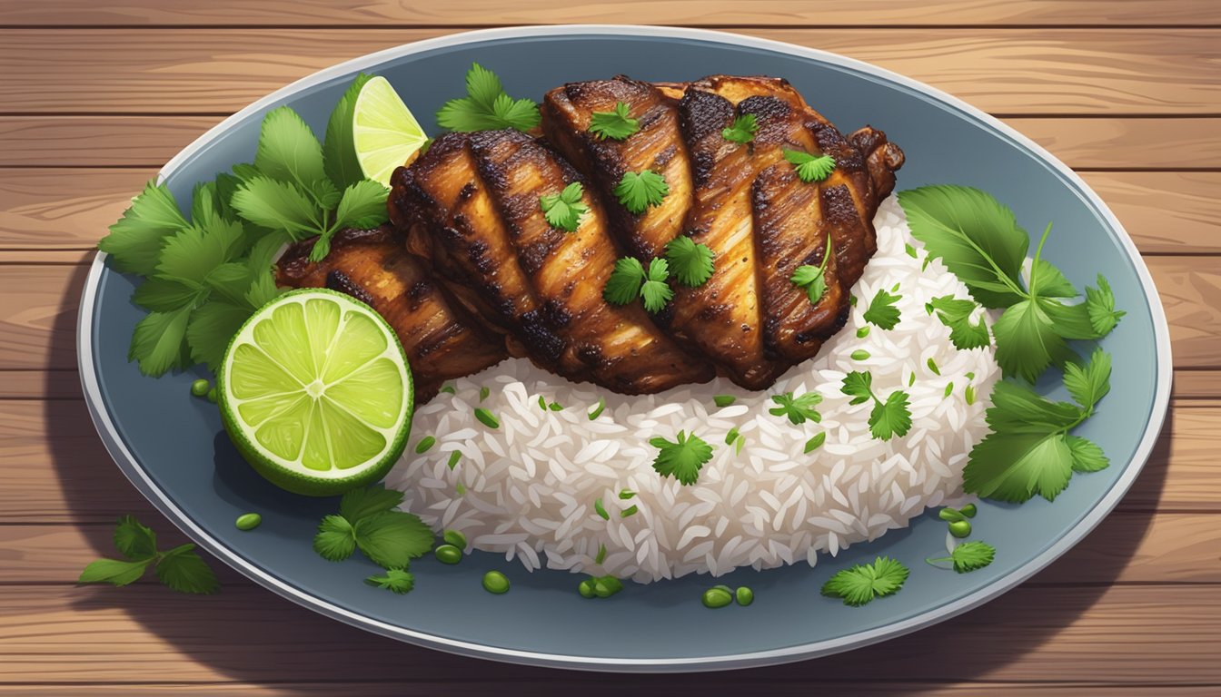 A plate of jerk chicken with rice and peas, garnished with fresh herbs and lime slices, sits on a wooden table