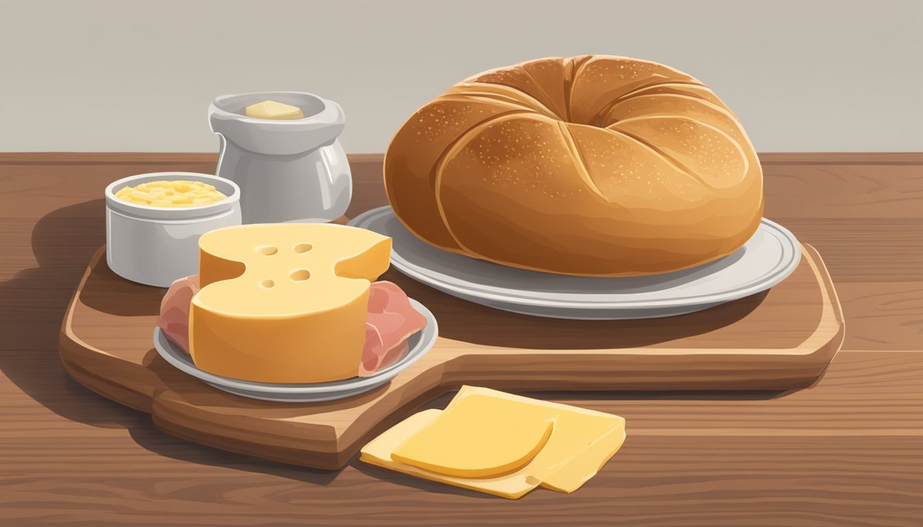 A kaiser roll sits on a wooden cutting board, sliced open and filled with deli meats and cheese. A small dish of mustard is on the side