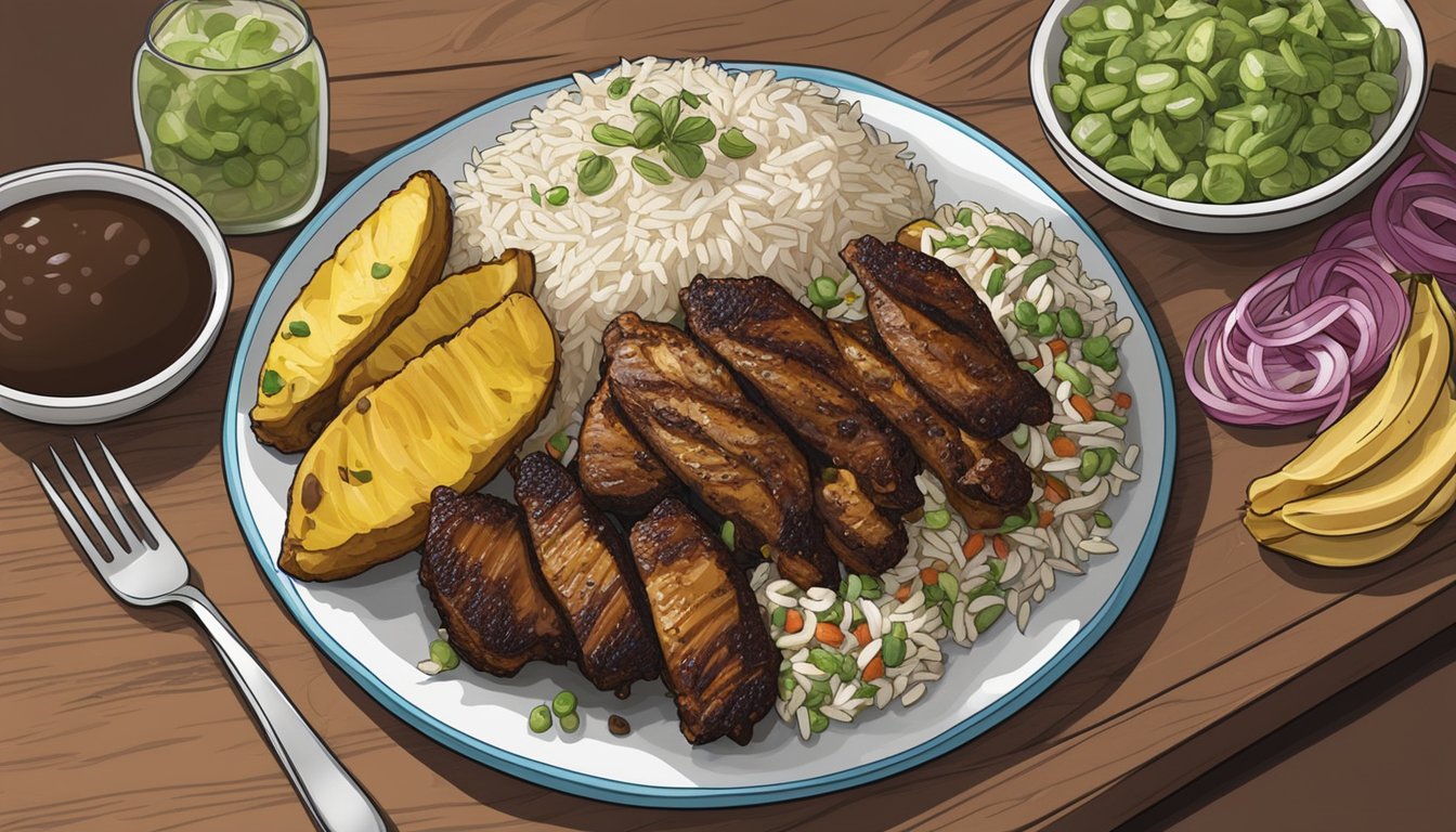 A plate of jerk chicken with rice and peas, plantains, and coleslaw