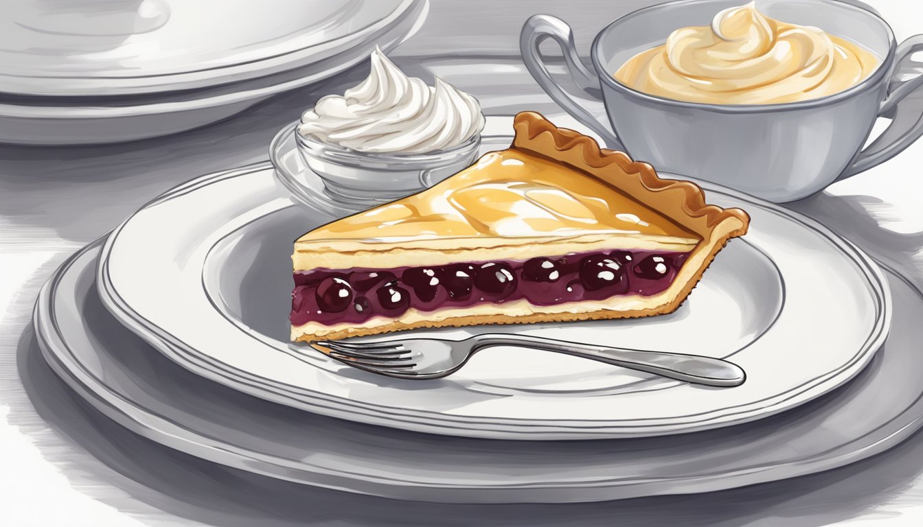 A jam tart sits on a delicate porcelain plate, adorned with a dollop of cream and a sprinkle of powdered sugar. A silver fork rests beside it, ready to be used