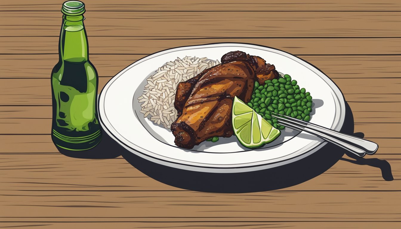 A plate of jerk chicken served with a side of rice and peas, accompanied by a cold bottle of beer and a slice of lime