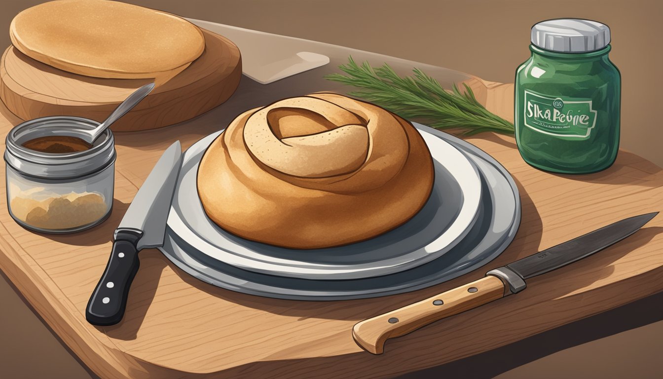 A kaiser roll sits on a wooden cutting board next to a knife and a jar of spread