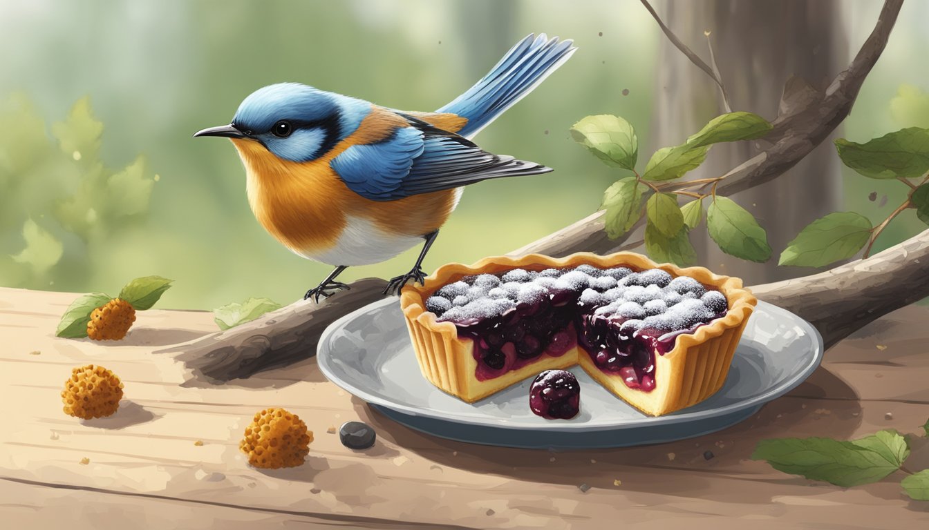 A jam tart being delicately nibbled by a small bird perched on a branch, with crumbs falling to the ground below