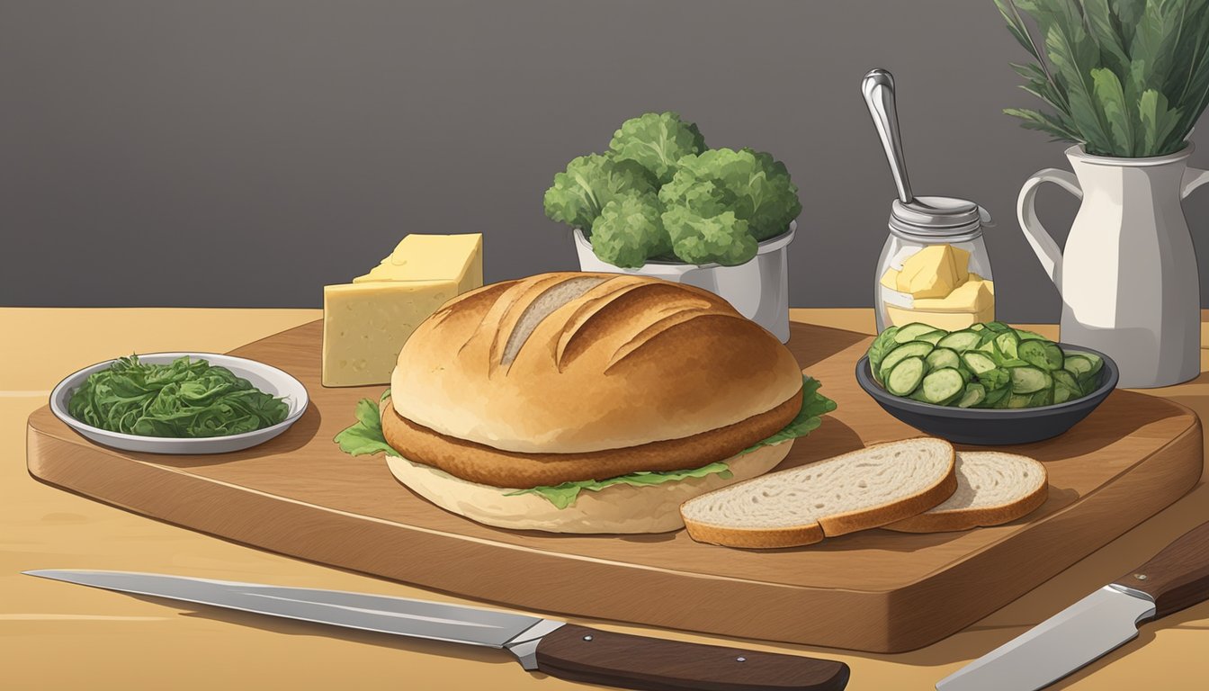 A kaiser roll sits on a wooden cutting board, surrounded by a knife, butter, and a variety of sandwich fillings