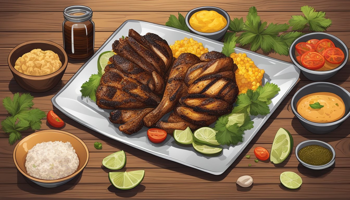 A plate of jerk chicken with various garnishes and condiments arranged around it on a wooden table