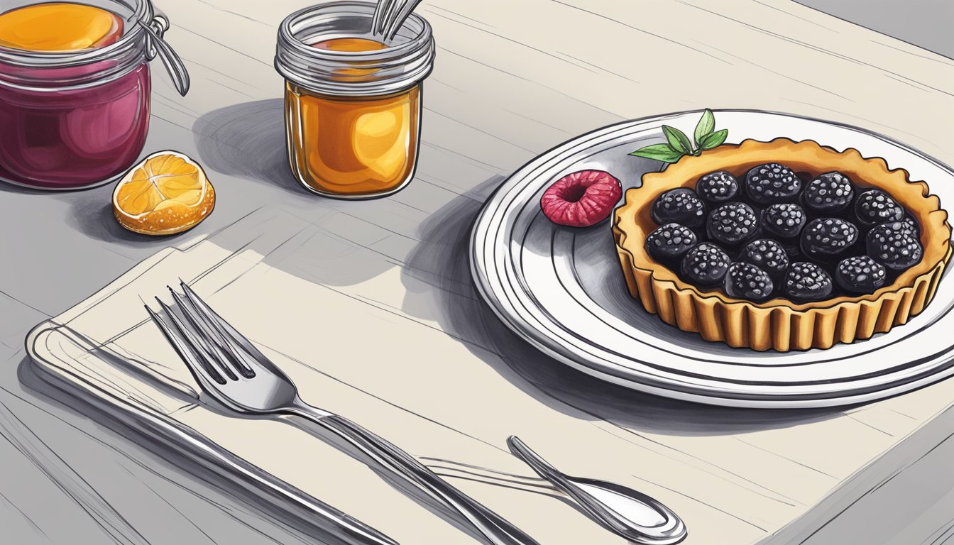 A jam tart on a plate with a fork beside it, ready to be eaten