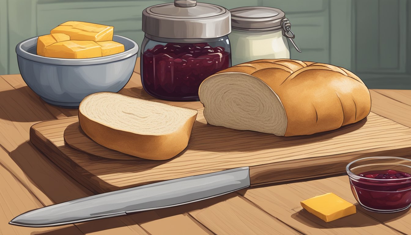 A kaiser roll sits on a cutting board, surrounded by a knife, butter, and jam. A plate and napkin are nearby