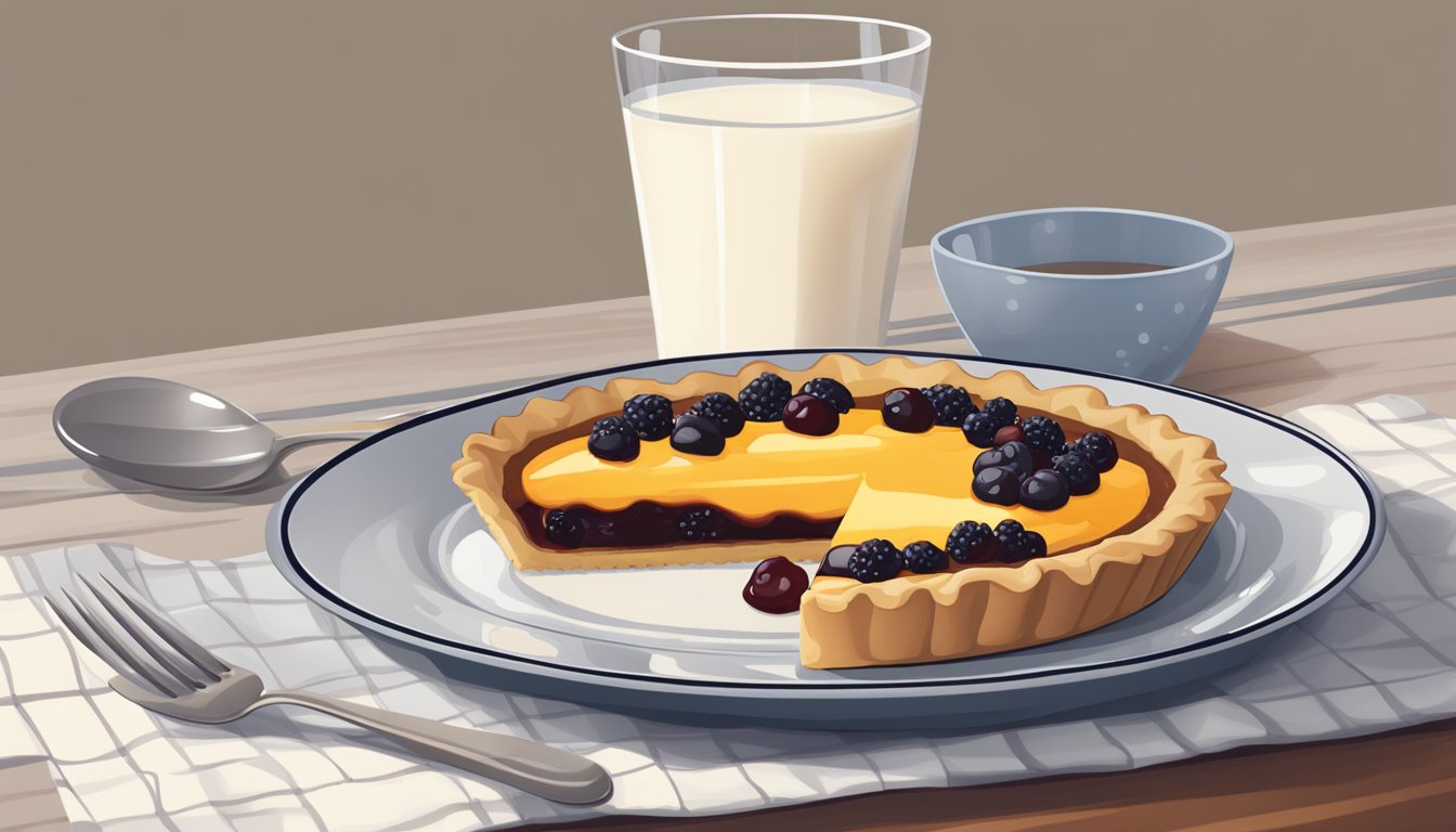 A jam tart sits on a plate with a fork nearby. A glass of milk is placed next to the plate