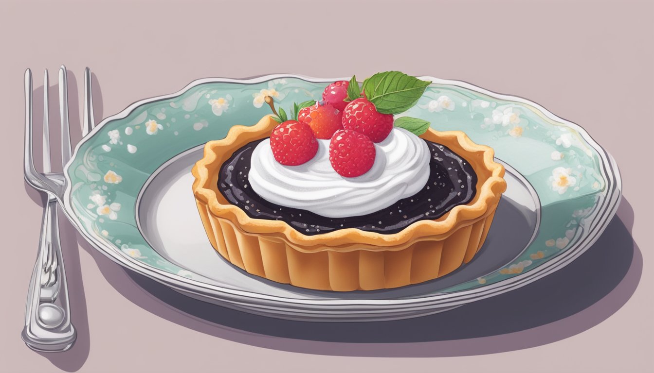 A jam tart sits on a delicate plate, adorned with a swirl of whipped cream and a sprinkle of powdered sugar. A small fork rests beside it, ready to be enjoyed