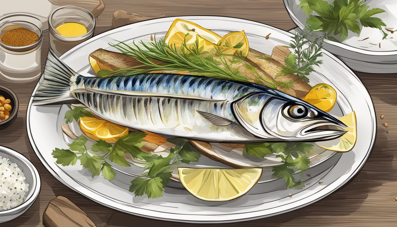 A plate of grilled, steamed, and pickled mackerel with various herbs and spices arranged around it, showcasing the different types and taste profiles of the fish