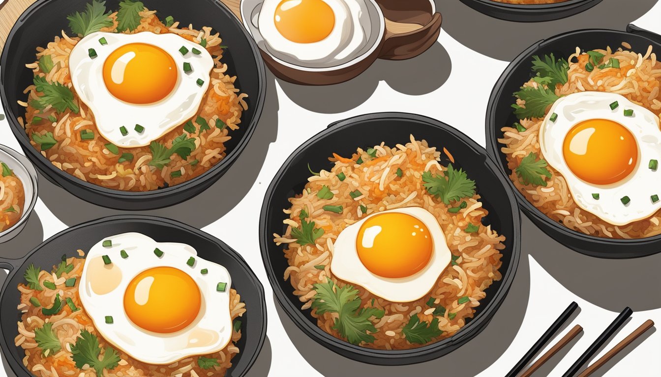 A sizzling pan of kimchi fried rice with steam rising, topped with crispy seaweed and a fried egg. A pair of chopsticks rests on the side