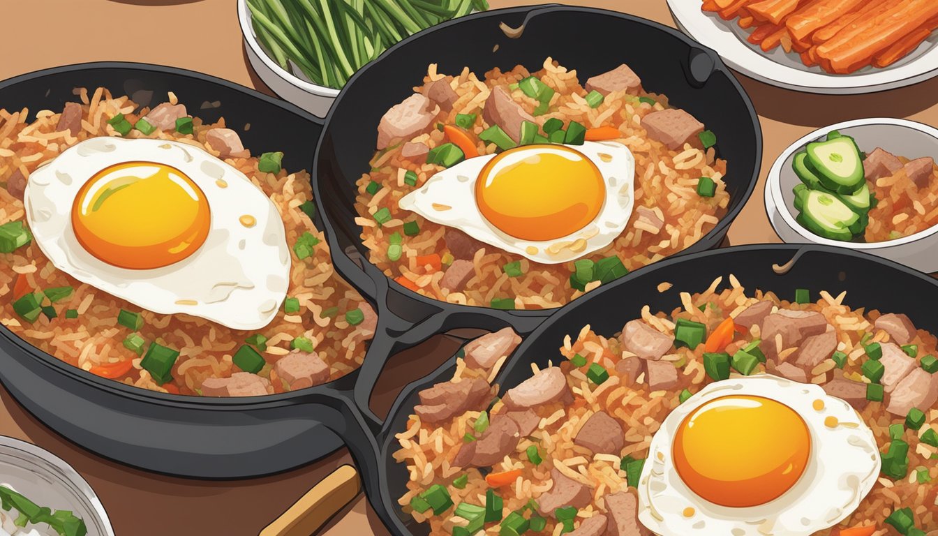 A steaming skillet of kimchi fried rice sizzling with chunks of kimchi, diced vegetables, and savory pieces of pork, topped with a fried egg