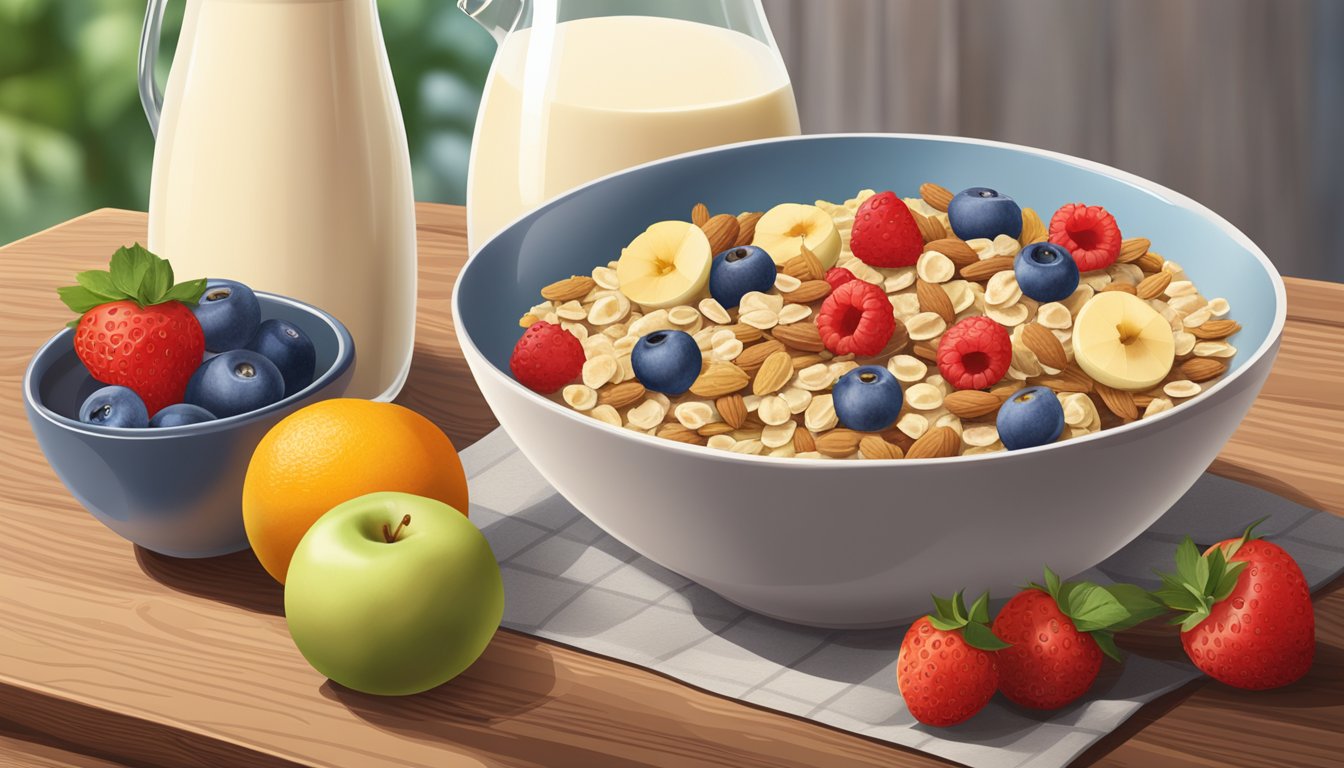 A bowl of muesli sits on a wooden table, surrounded by a variety of fresh fruits and a jug of milk