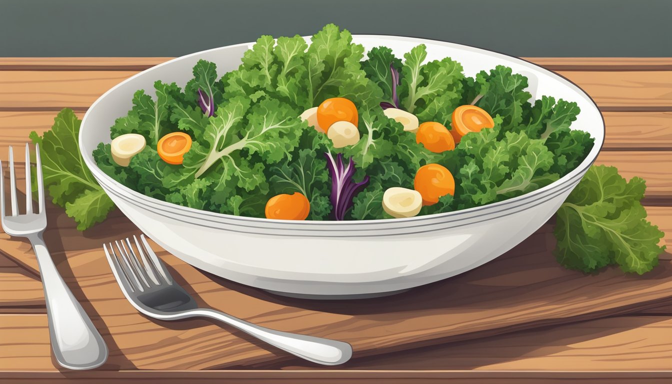 A bowl of kale salad with assorted vegetables and a light vinaigrette dressing on a wooden table