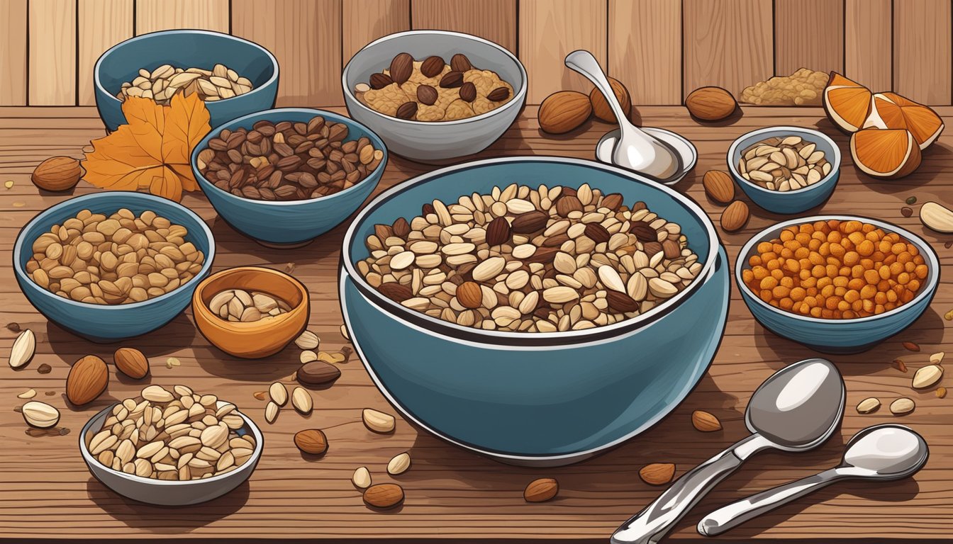 A bowl of muesli sits on a wooden table, surrounded by an assortment of nuts, seeds, and dried fruit. A spoon rests on the side, ready to be used