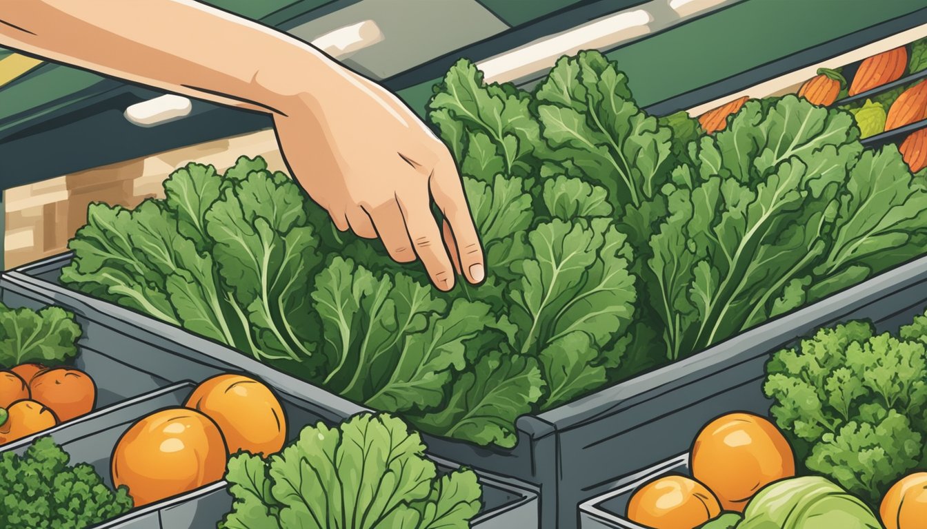 A hand reaching for a bunch of fresh kale leaves in a grocery store produce section