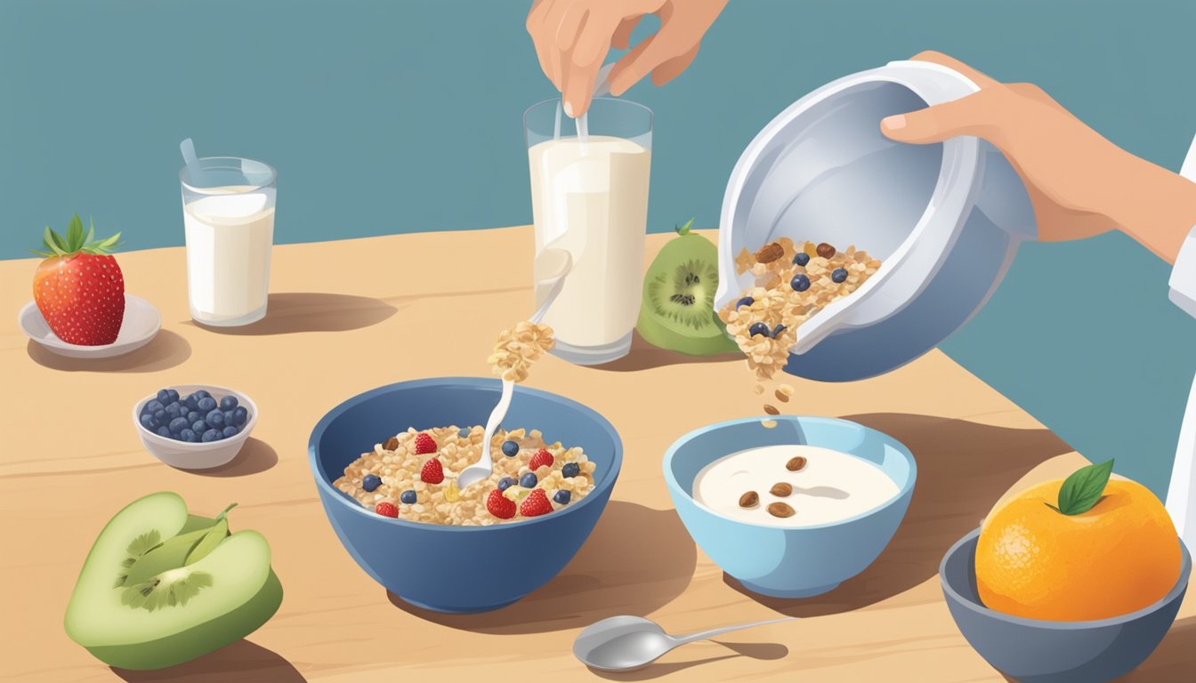 A person pouring muesli from a bag into a bowl, adding yogurt and fruit, and stirring with a spoon