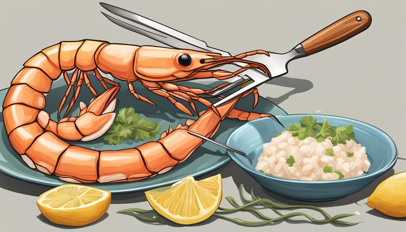 A jumbo shrimp being peeled and eaten with a fork and knife