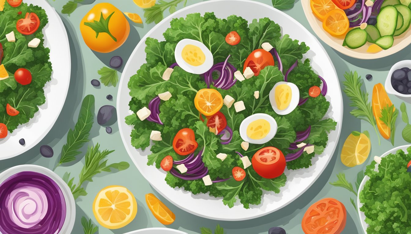 A kale salad sits on a white plate, adorned with colorful dressings and toppings, surrounded by vibrant vegetables and herbs