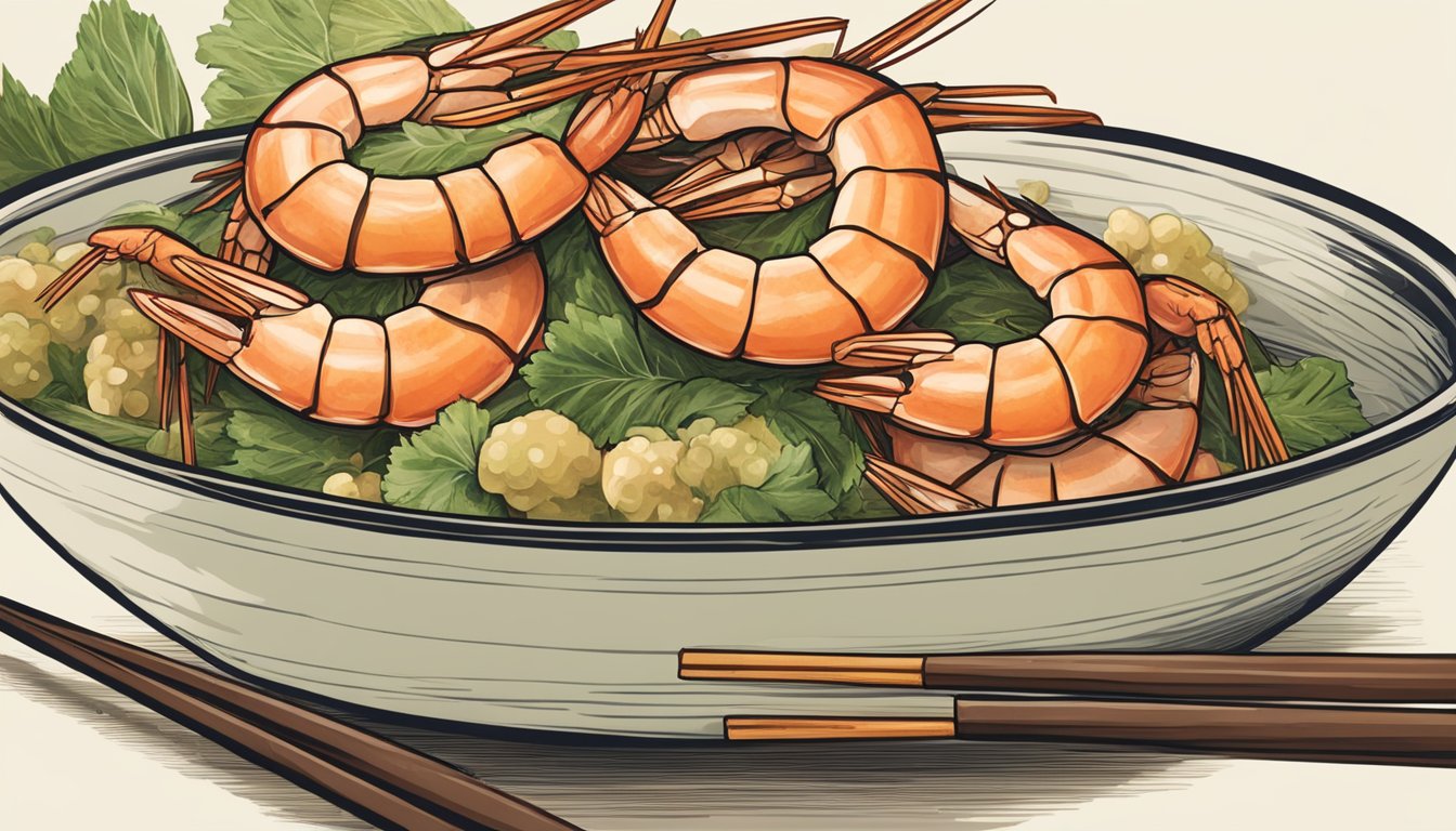 A jumbo shrimp being delicately held by a pair of chopsticks, ready to be dipped into a small bowl of sauce