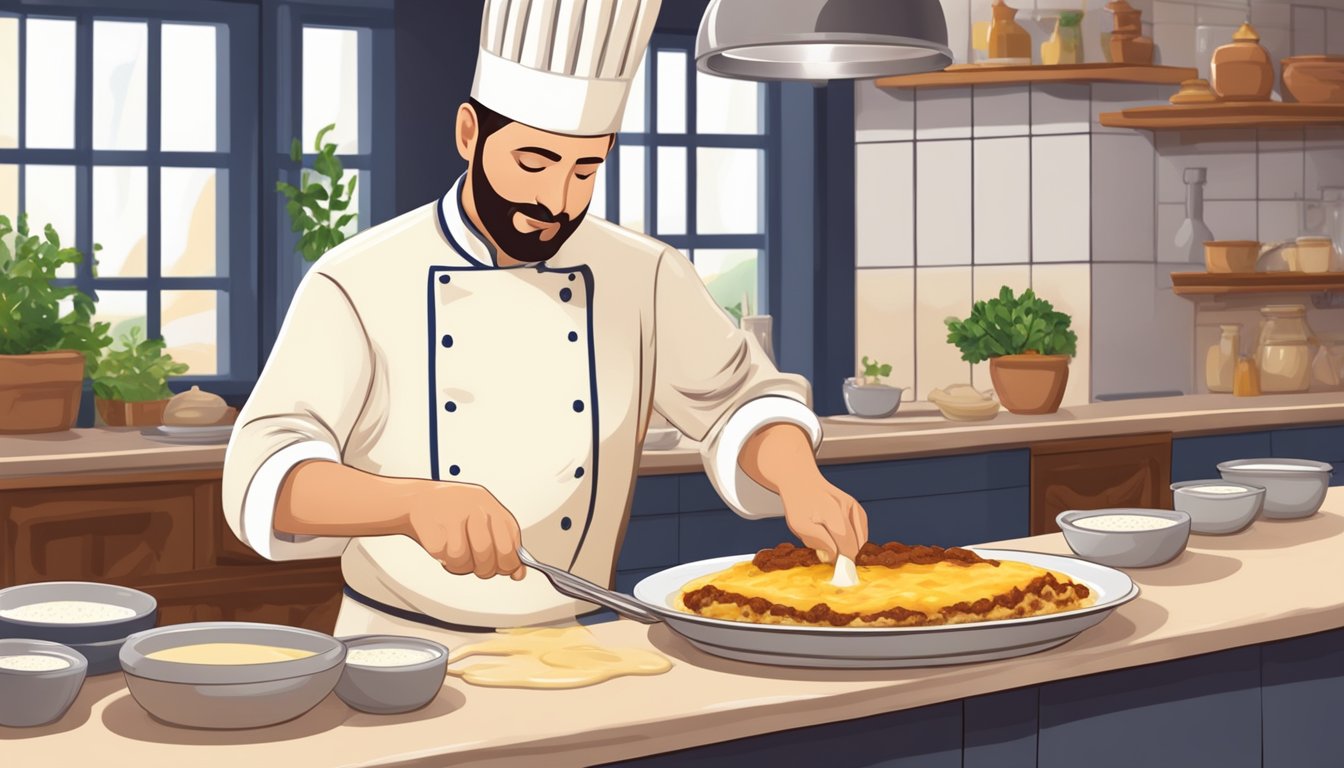 A chef carefully pours creamy bechamel sauce over a golden-brown moussaka, adding the finishing touch to the traditional Greek dish