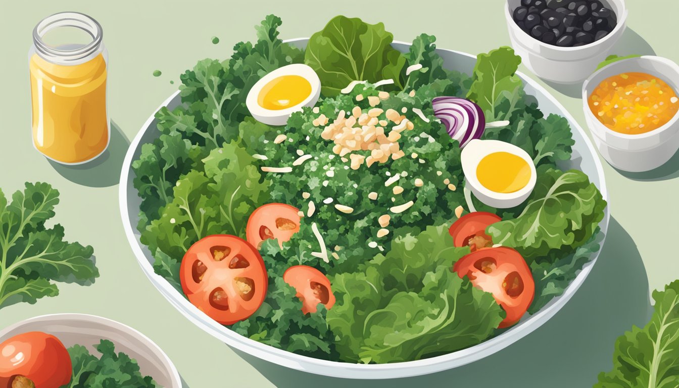 A bowl of kale salad being tossed with various toppings and dressing