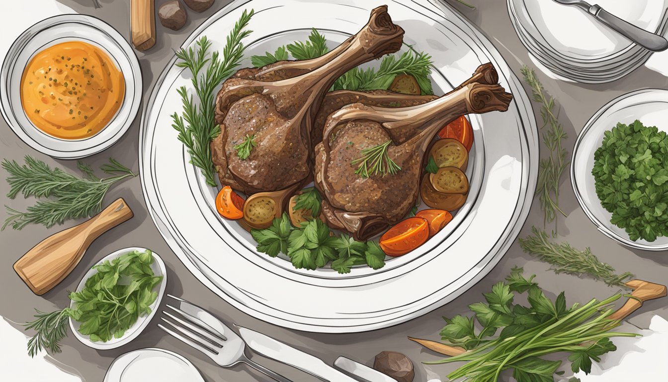 A table set with a plate of perfectly cooked lamb shanks, surrounded by fresh herbs and seasonings, ready to be enjoyed