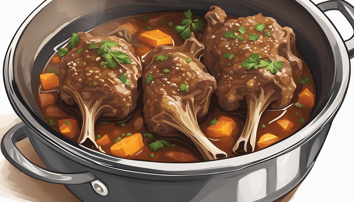 A pair of lamb shanks simmer in a rich, aromatic sauce in a large, bubbling pot on a stovetop. Steam rises and the air is filled with the savory scent of slow-cooking meat and spices