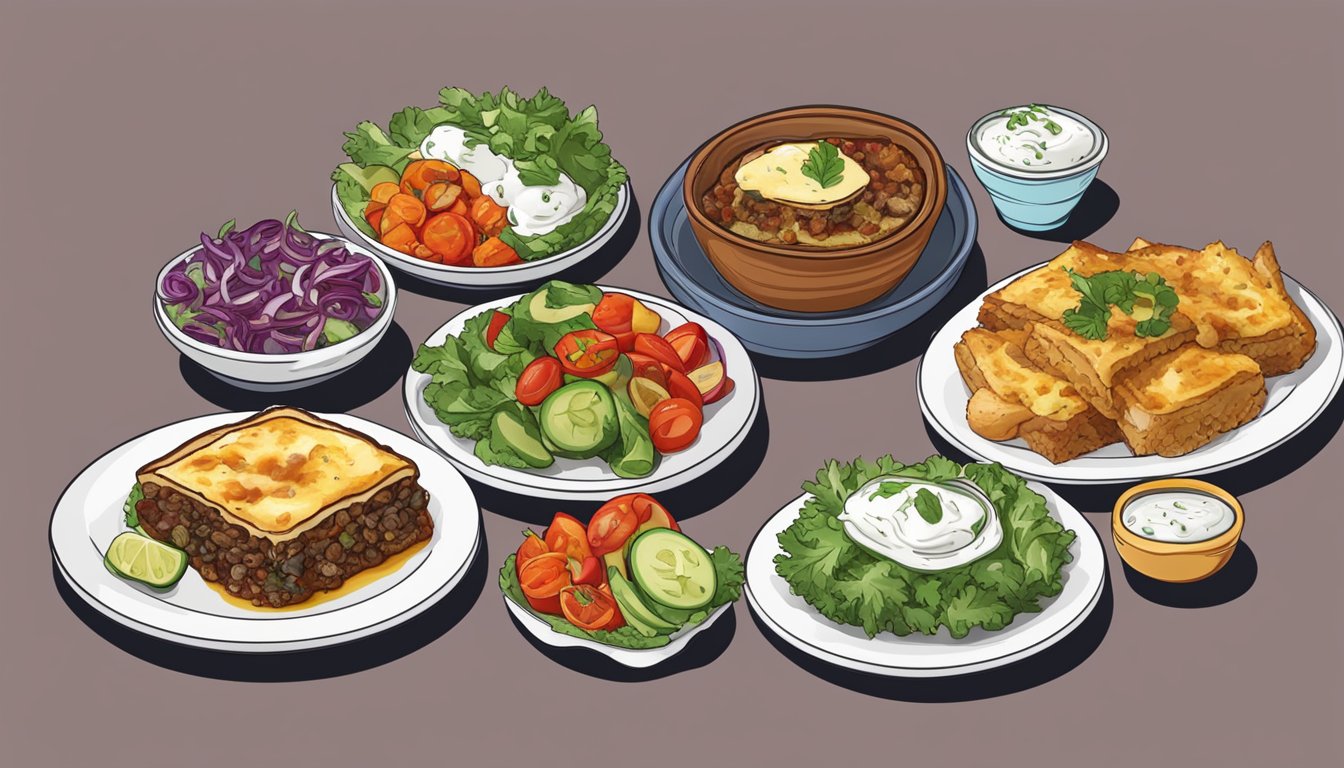 A plate of moussaka surrounded by colorful side dishes, such as Greek salad, roasted vegetables, and tzatziki sauce