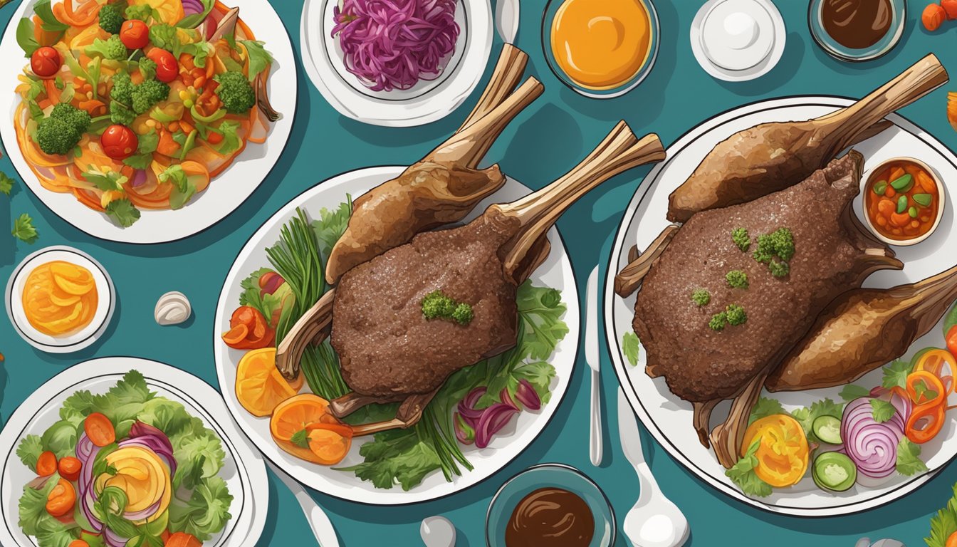 A plate of lamb shanks surrounded by colorful side dishes