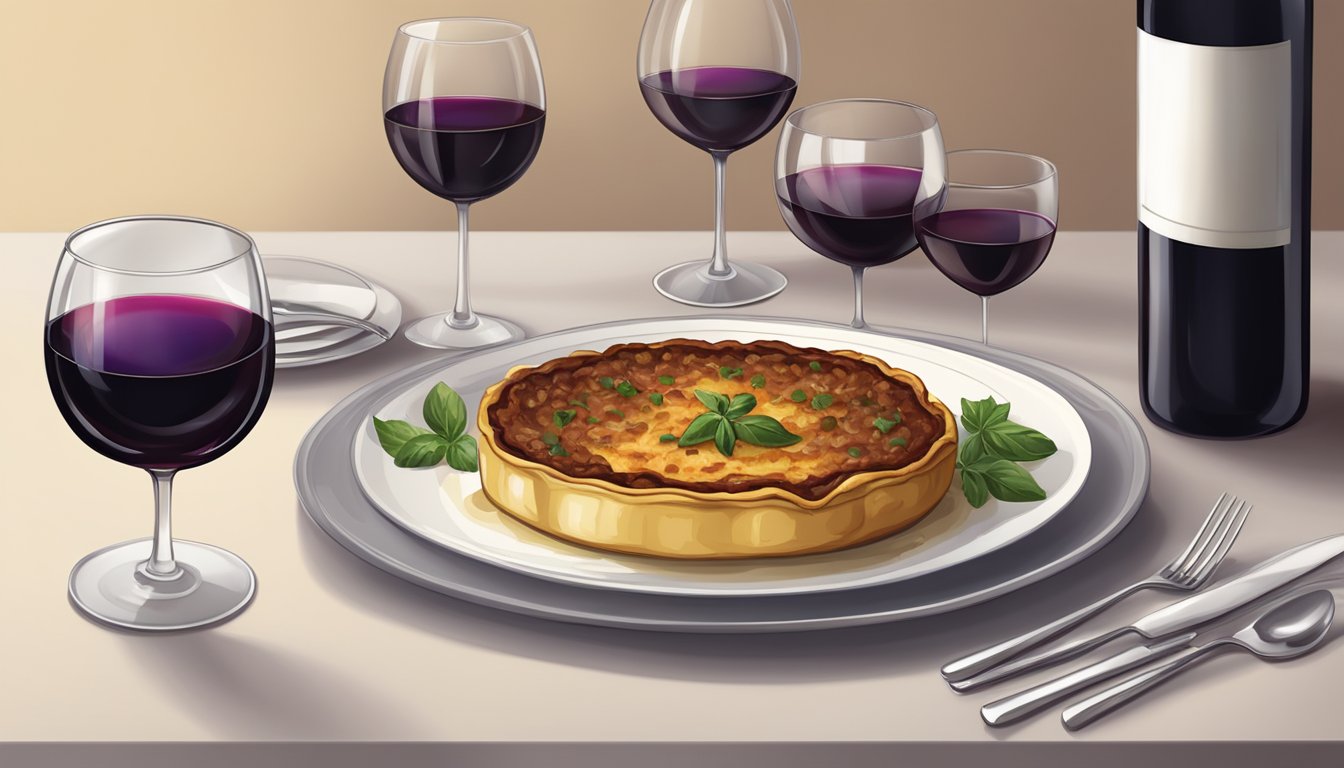 A table set with a platter of moussaka, a bottle of red wine, and two elegant wine glasses