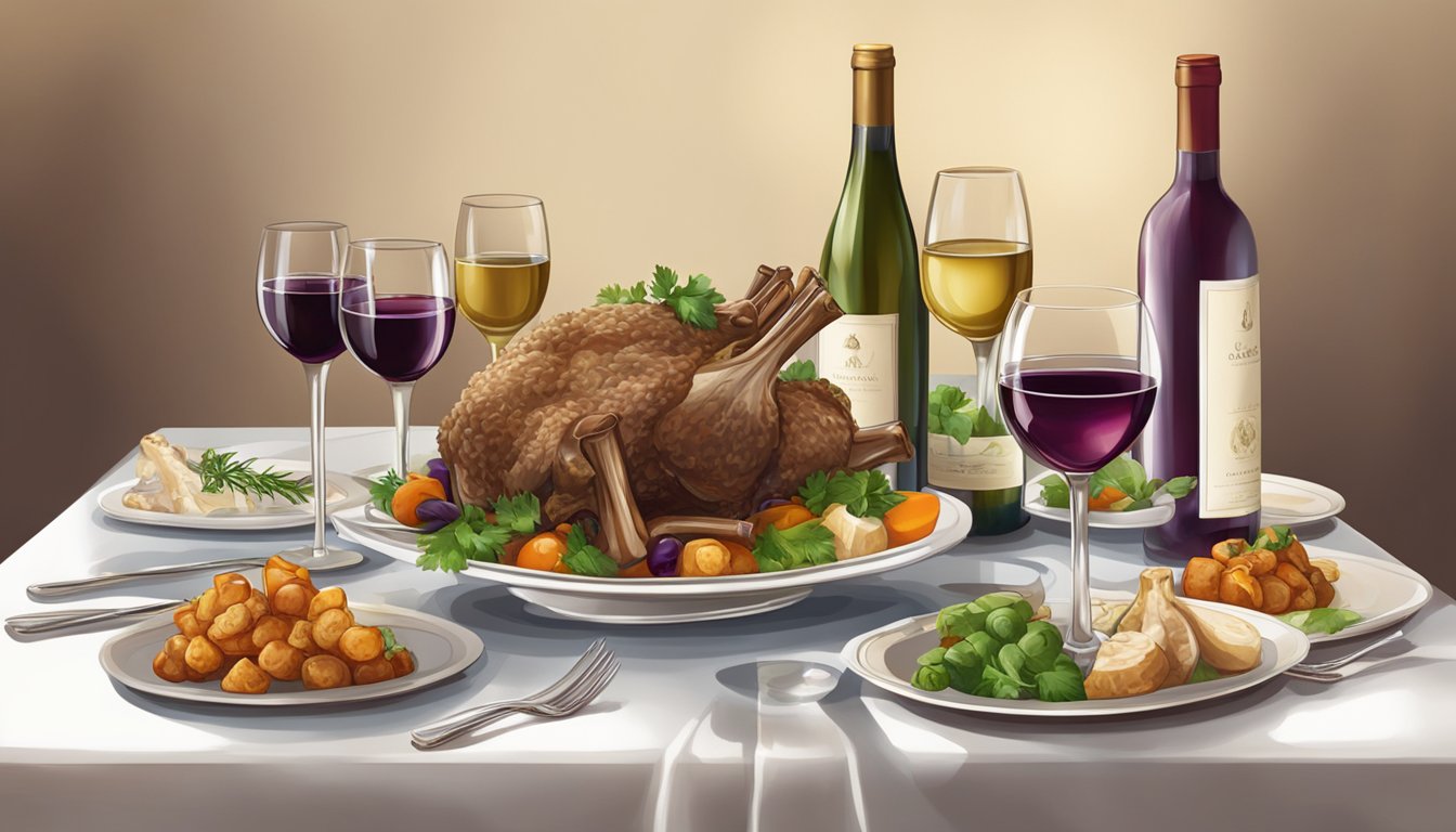 A table set with a platter of lamb shanks, surrounded by wine bottles and glasses