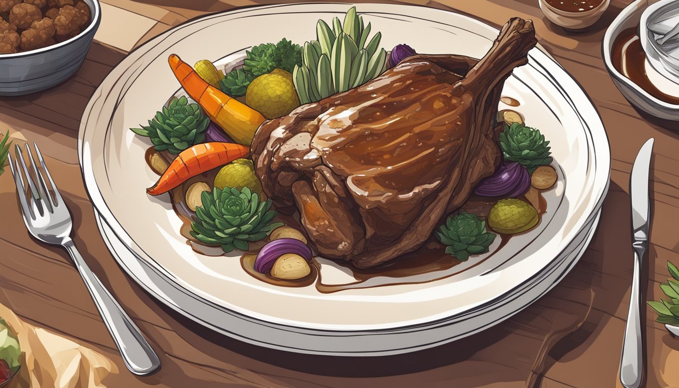 A table set with a white plate holding a succulent lamb shank, surrounded by colorful roasted vegetables and a drizzle of rich gravy