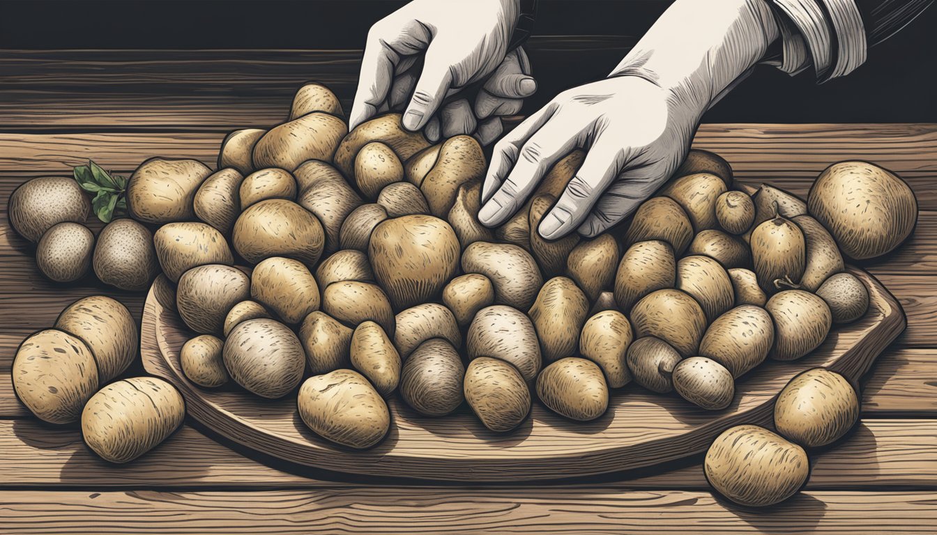 A hand reaching for a pile of different types of potatoes, including russet, red, and Yukon gold, on a wooden cutting board