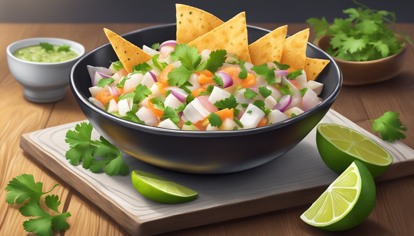 A vibrant kingfish ceviche, garnished with lime and cilantro, served in a shallow bowl on a wooden table with a side of crispy tortilla chips