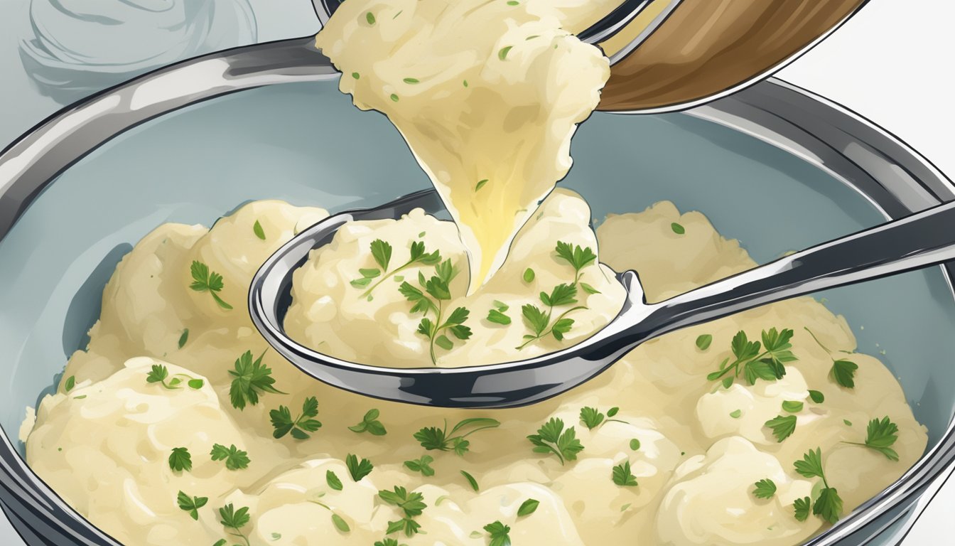 A bowl of creamy mashed potatoes being scooped up with a spoon. Butter and herbs are visible in the mixture