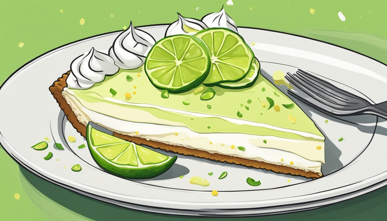 A slice of key lime pie being cut with a fork on a plate, with a dollop of whipped cream on top and a garnish of lime zest