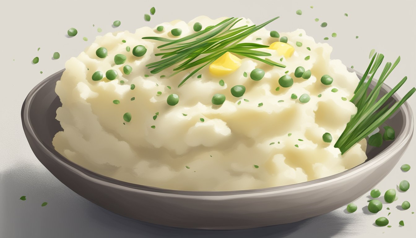 A bowl of creamy mashed potatoes with a dollop of butter on top, surrounded by a scattering of chives and a sprinkling of black pepper