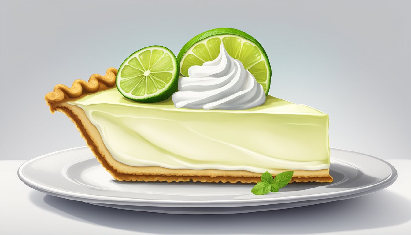 A slice of key lime pie on a white plate with a dollop of whipped cream and a garnish of lime zest